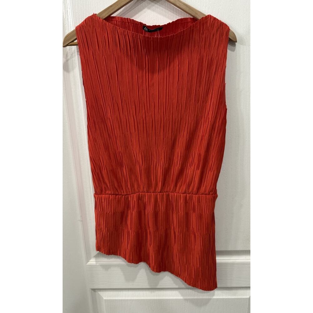 ZARA Women Red Pleated Asymmetrical Medium Sleeveless Boat Neck Textured Top